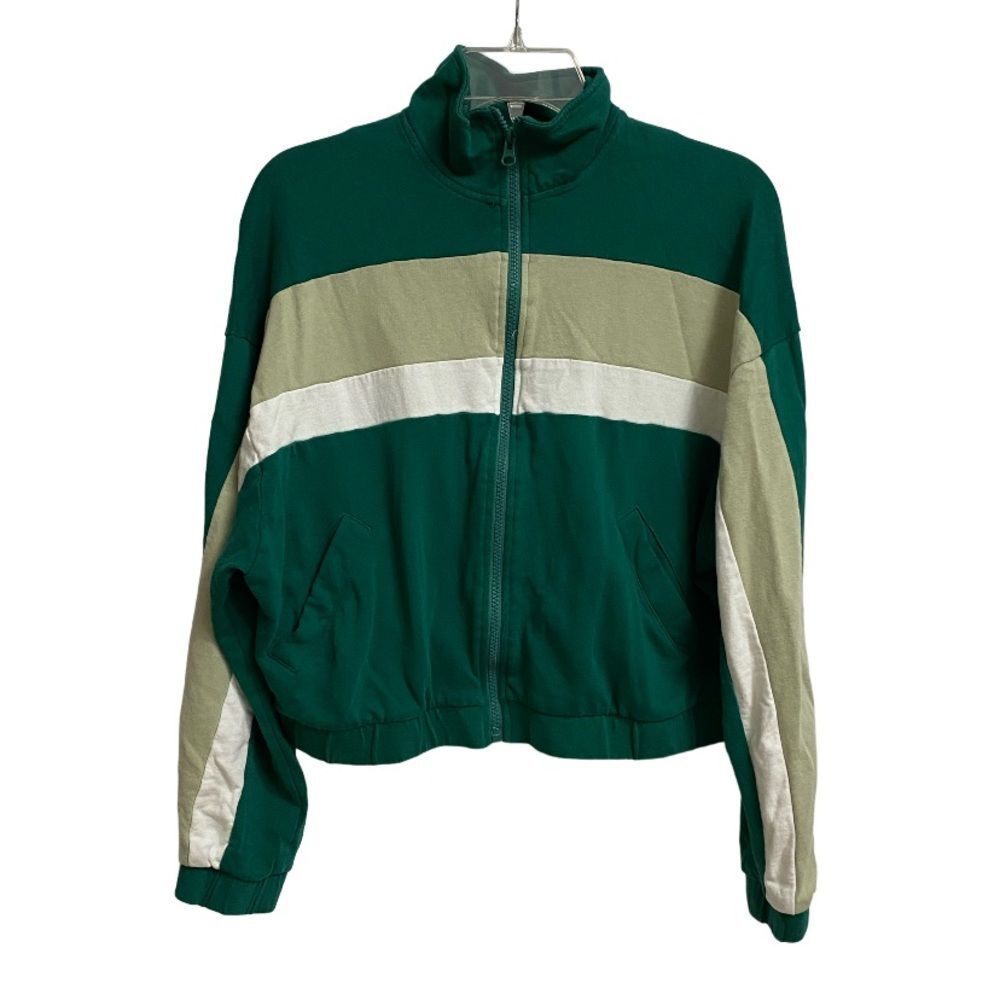 ZARA Cropped Zip Up Track Jacket Women's Size M Green Y2K Retro Streetwear